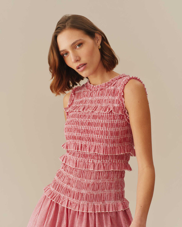 Women's Smocked Gingham Cotton Dress Red