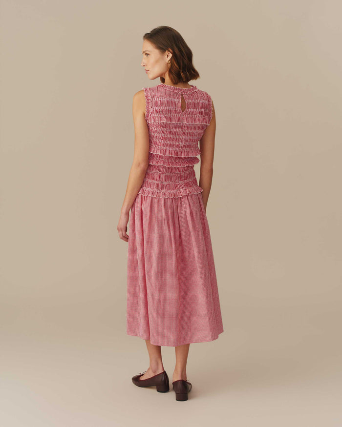 Women's Smocked Gingham Cotton Dress Red