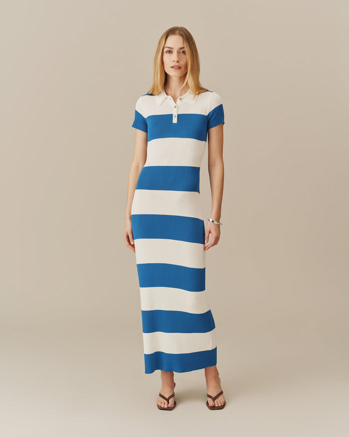 Women's Striped Polo Maxi Dress Blue White Stripe