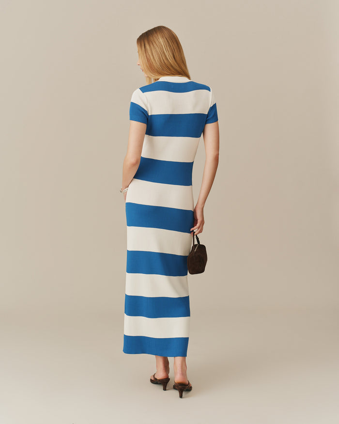 Women's Striped Polo Maxi Dress Blue White Stripe