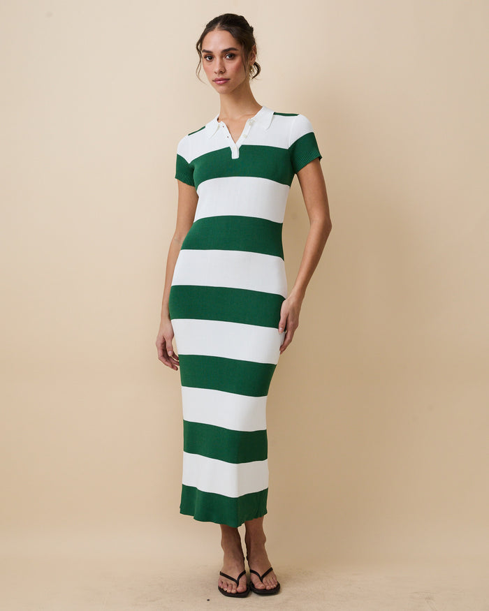 Women's Striped Polo Maxi Dress Green White Rugby Stripes