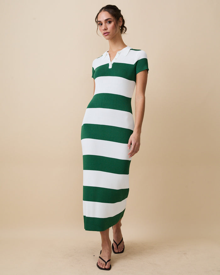 Women's Striped Polo Maxi Dress Green White Rugby Stripes