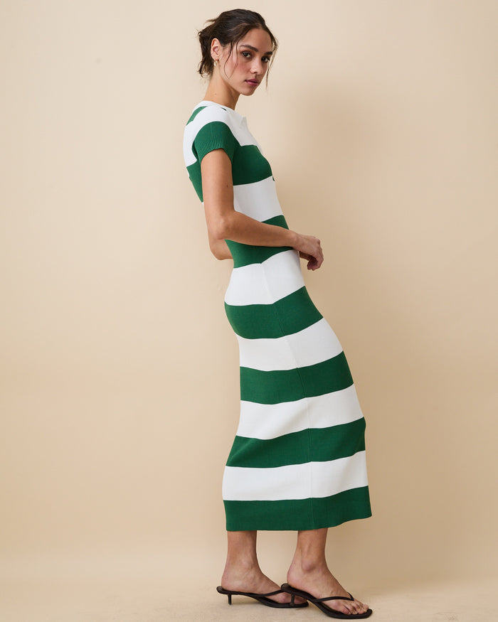Women's Striped Polo Maxi Dress Green White Rugby Stripes