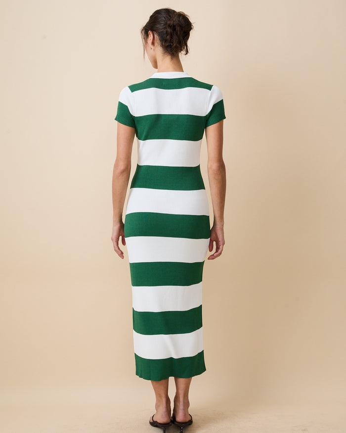 Women's Striped Polo Maxi Dress Green White Rugby Stripes