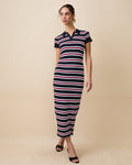 Women's Striped Polo Maxi Dress Navy Multi