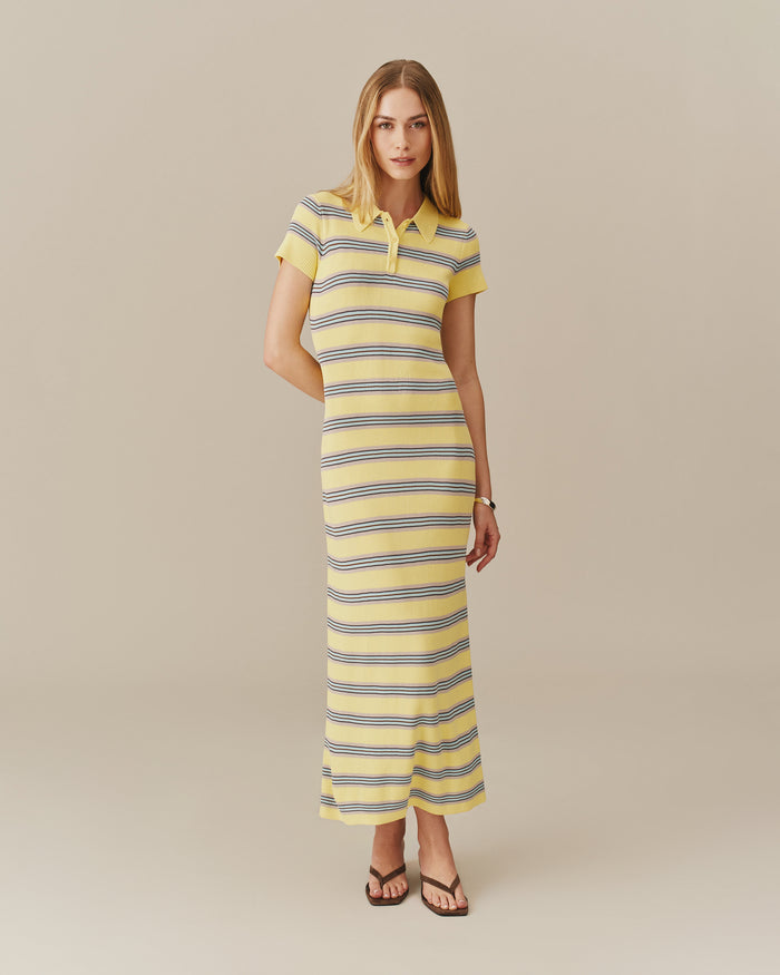 Women's Striped Polo Maxi Dress Yellow Stripe