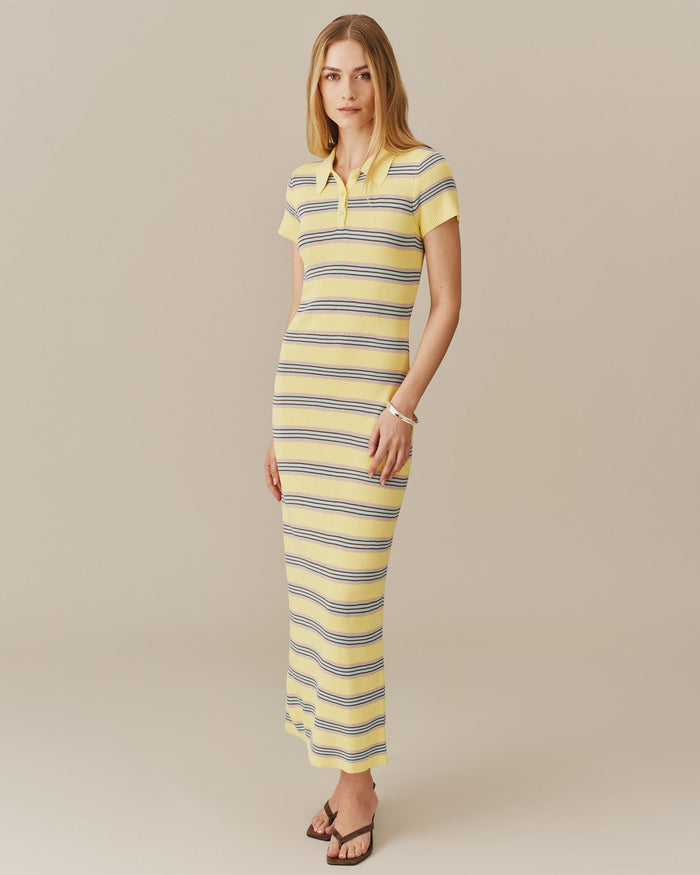 Women's Striped Polo Maxi Dress Yellow Stripe