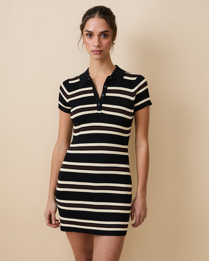 Women's Striped Polo Mini Dress Brown