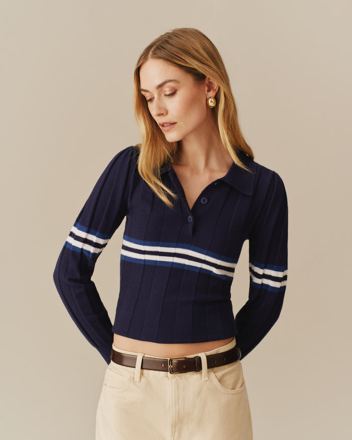 Women's Striped Sweater Polo Navy