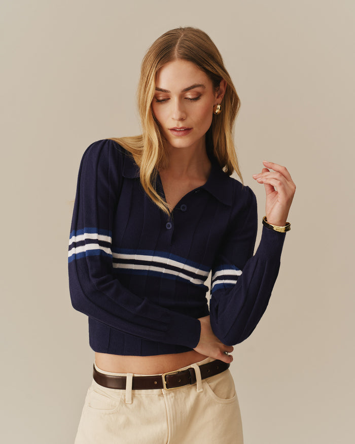 Women's Striped Sweater Polo Navy