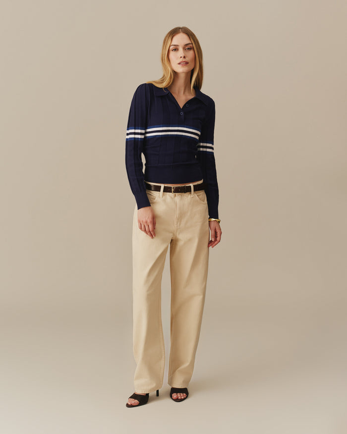 Women's Striped Sweater Polo Navy