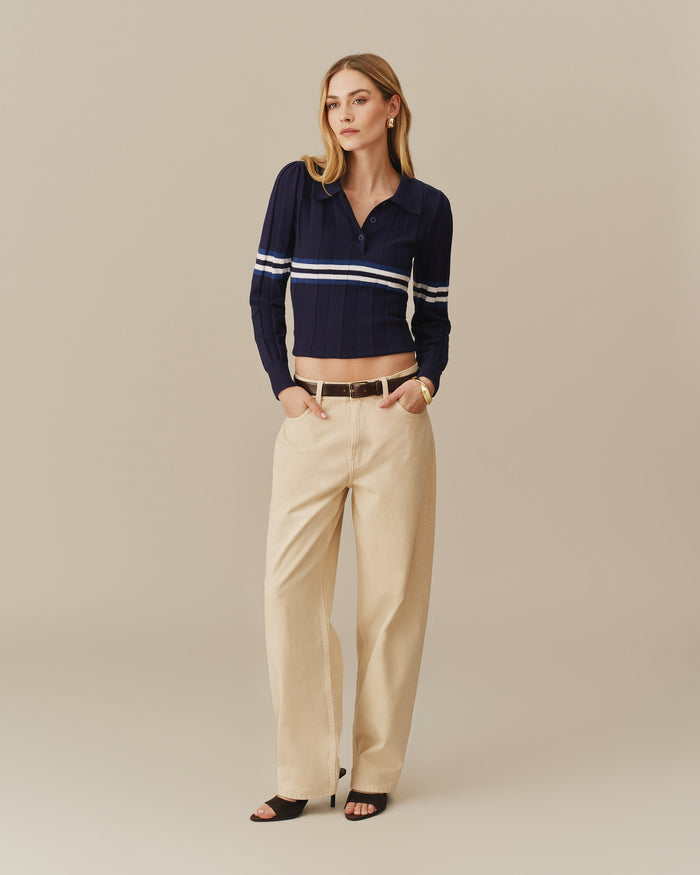 Women's Striped Sweater Polo Navy