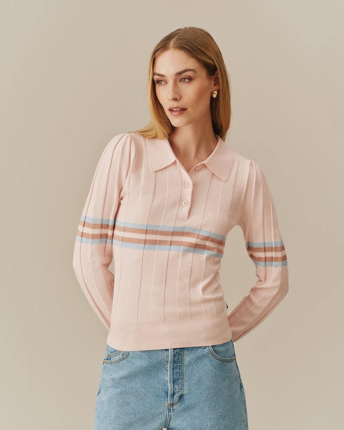Women's Striped Sweater Polo Pink