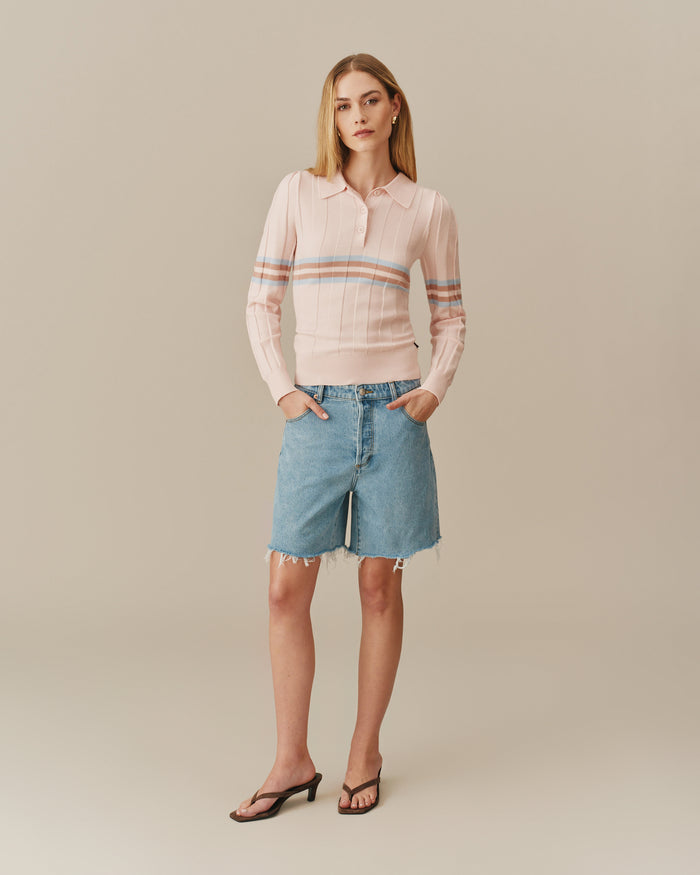 Women's Striped Sweater Polo Pink