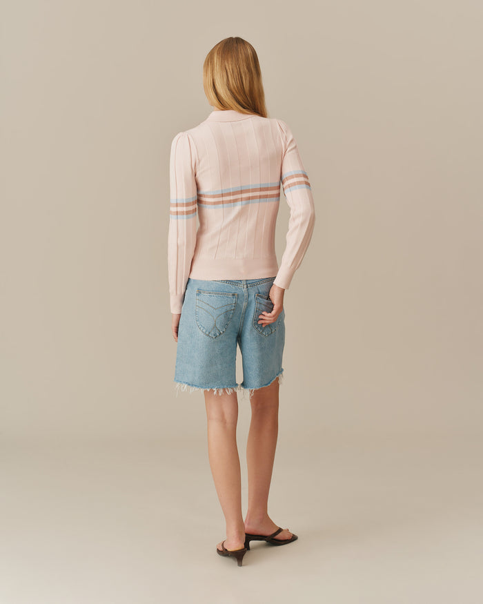 Women's Striped Sweater Polo Pink