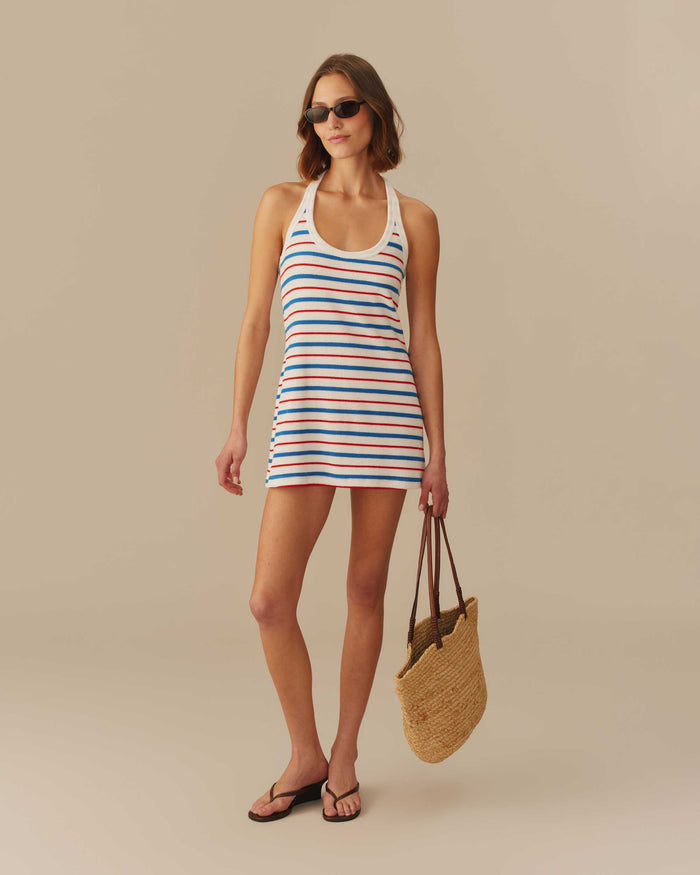 Women's Terry Striped Halter Dress Red, White & Blue