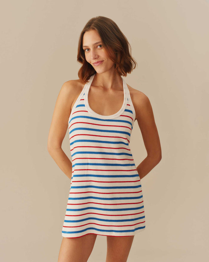 Women's Terry Striped Halter Dress Red, White & Blue