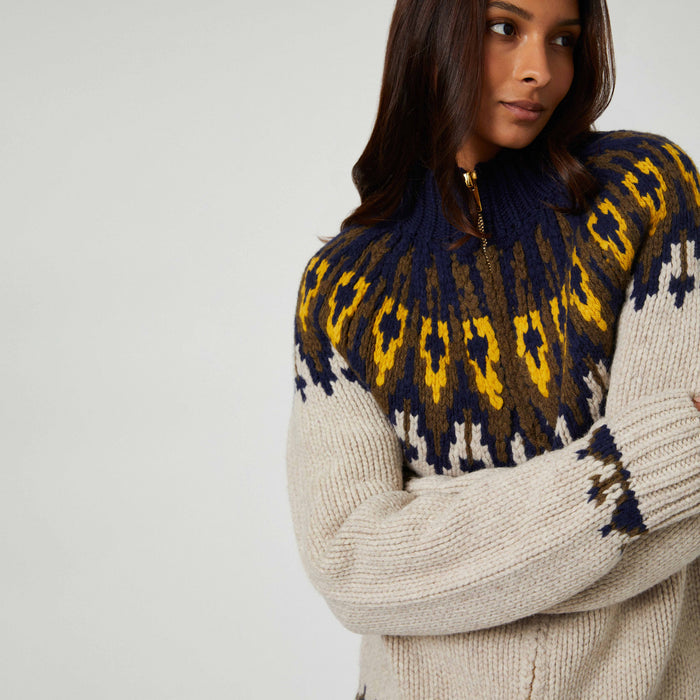 Wool Fairisle Zip Up Jacket Oatmeal