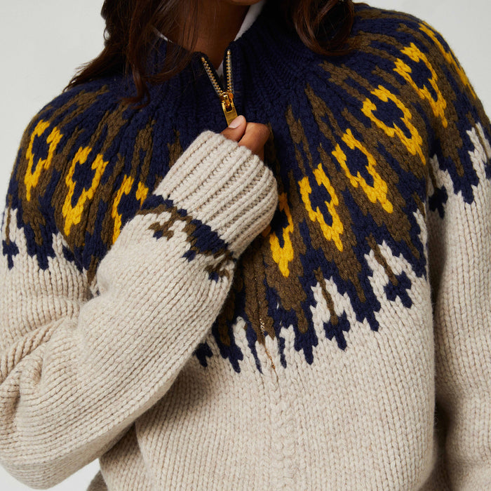 Wool Fairisle Zip Up Jacket Oatmeal