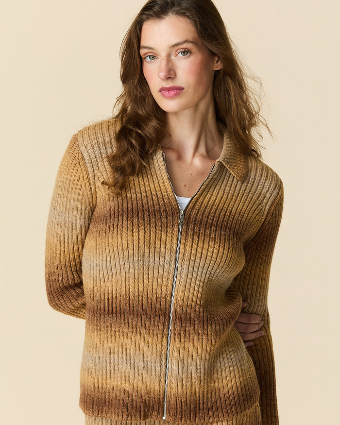 Zip Through Gradient Striped Sweater Brown Gradient